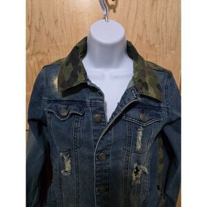 Ralph Jones Distressed Denim & Camo Jacket With Button Closure